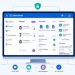 Dashboard illustration showcasing client portal communication features connecting teams and clients through messages, files, and approvals.