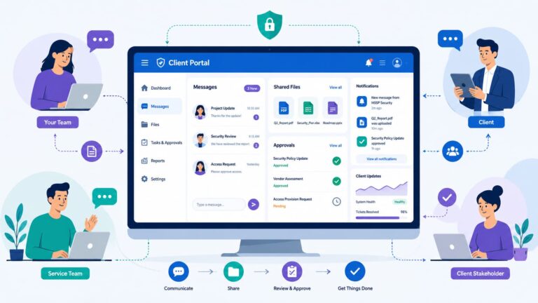 Dashboard illustration showcasing client portal communication features connecting teams and clients through messages, files, and approvals.