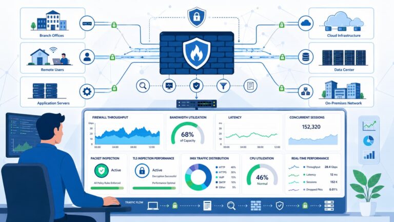 Dashboard for evaluating firewall performance throughput, showing latency, CPU usage, sessions, and network traffic metrics.