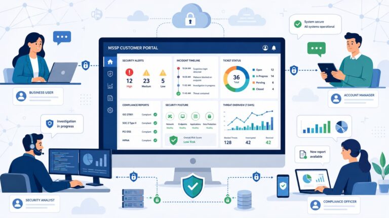 Dashboard showcasing features mssp customer portal, with alerts, incident timeline, compliance, and ticket status.