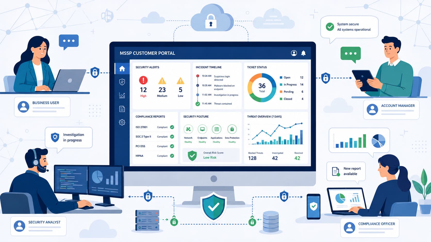Dashboard showcasing features mssp customer portal, with alerts, incident timeline, compliance, and ticket status.