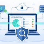 Illustration showing how vulnerability scanners work, scanning laptops, servers, routers, and databases for security risks.