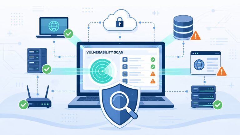 Illustration showing how vulnerability scanners work, scanning laptops, servers, routers, and databases for security risks.