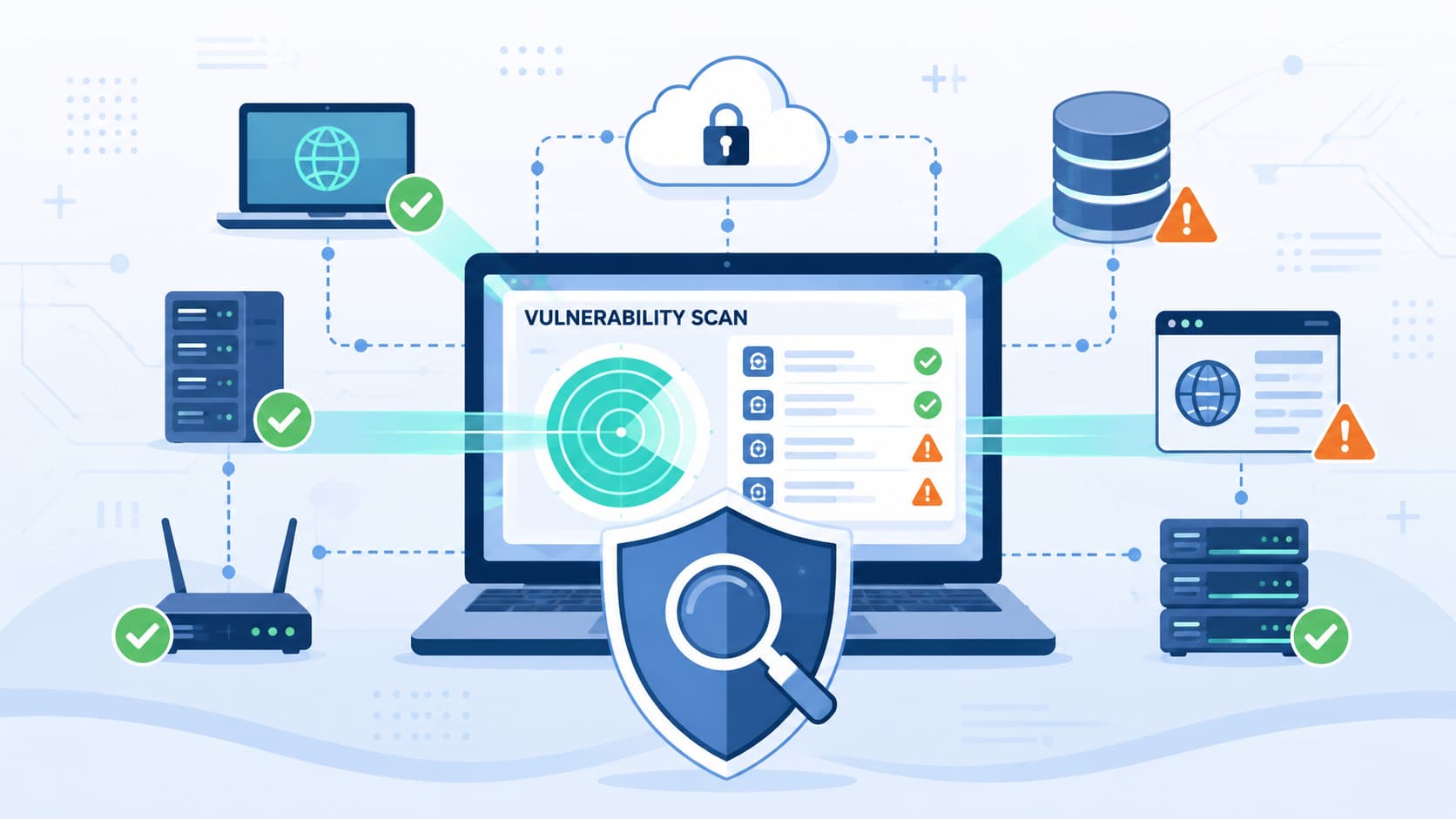 Illustration showing how vulnerability scanners work, scanning laptops, servers, routers, and databases for security risks.