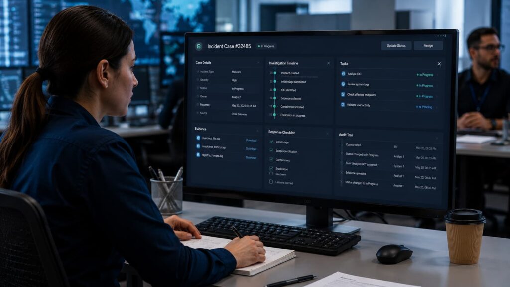 Analyst evaluating SOAR vendor capabilities in Fullerton, reviewing an incident case dashboard on a monitor.