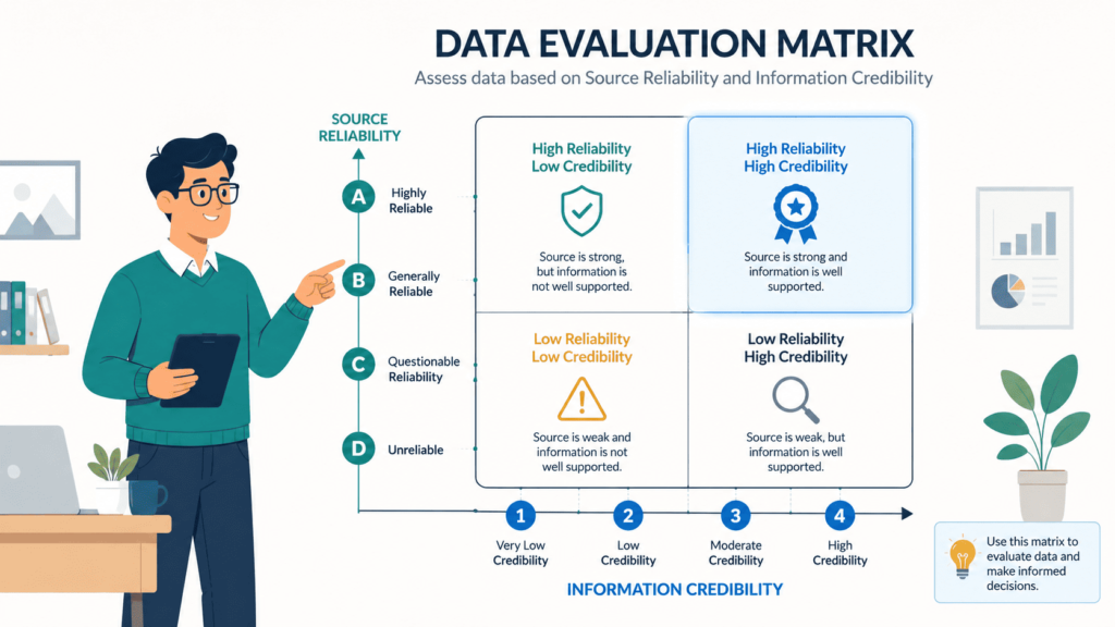 Data evaluation matrix for validating threat intelligence sources by assessing source reliability and information credibility.