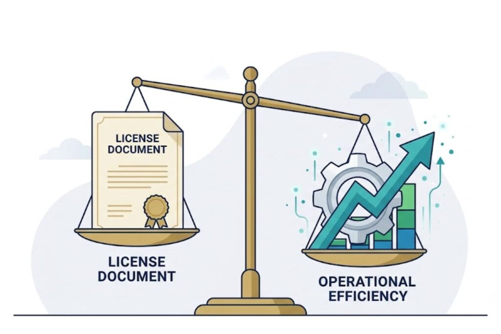 Scale weighing license document against efficiency, symbolizing crowdstrike vs sentinelone comparison mssp tradeoffs 