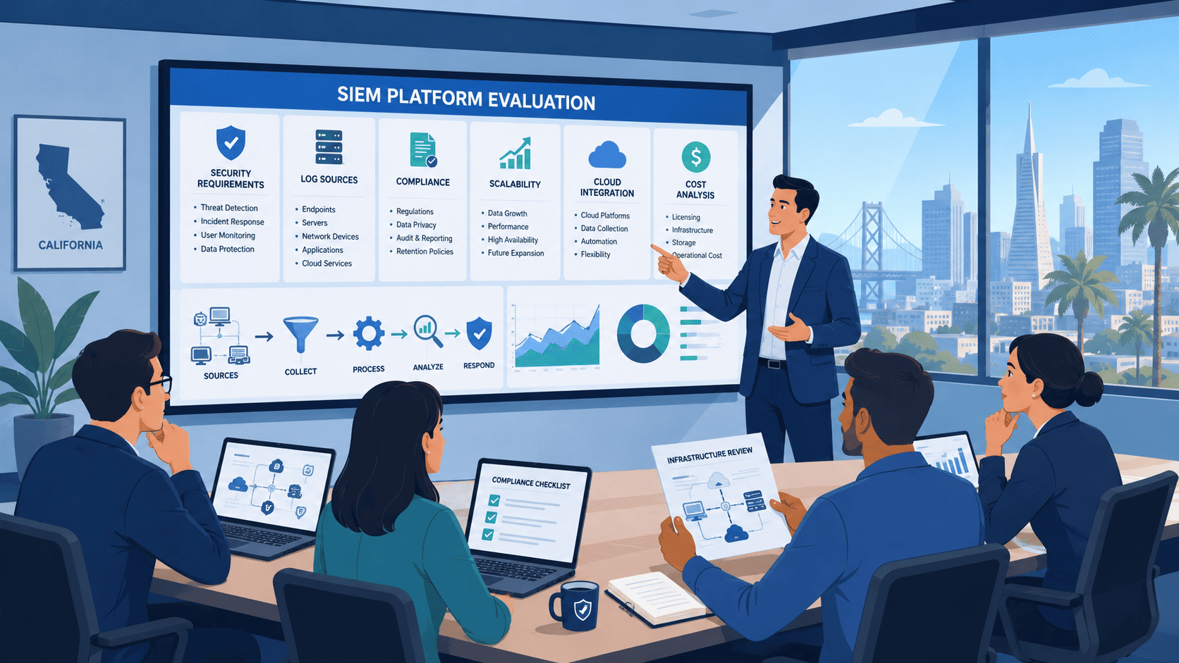 Consultant presenting SIEM platform evaluation criteria to a team in a meeting room