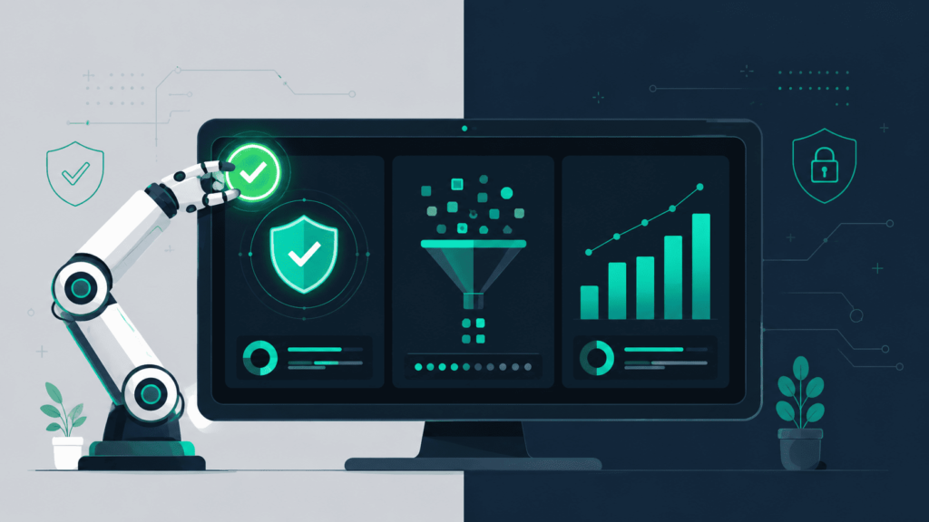 Robotic arm filtering cybersecurity data on a monitor, illustrating automated validating threat intelligence sources process.