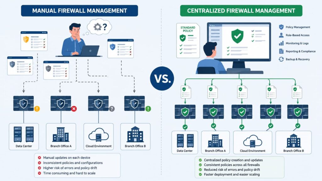 Comparison of manual versus centralized firewall management tools for policy consistency and scalability