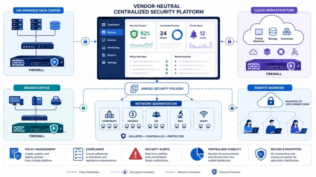 Vendor-neutral centralized firewall management tools unify security across data centers, cloud, and remote workers 