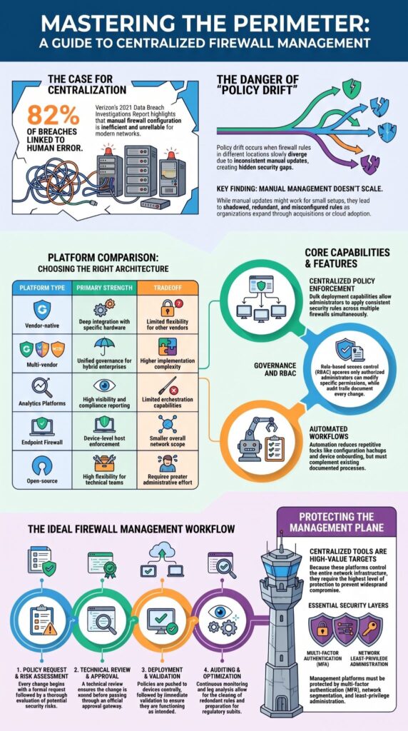 Infographic guide comparing centralized firewall management tools, workflows, and security best practices