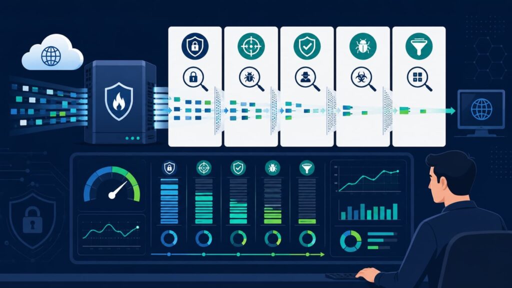 Analyst evaluating firewall performance throughput as data flows through multiple security inspection layers on dashboards.