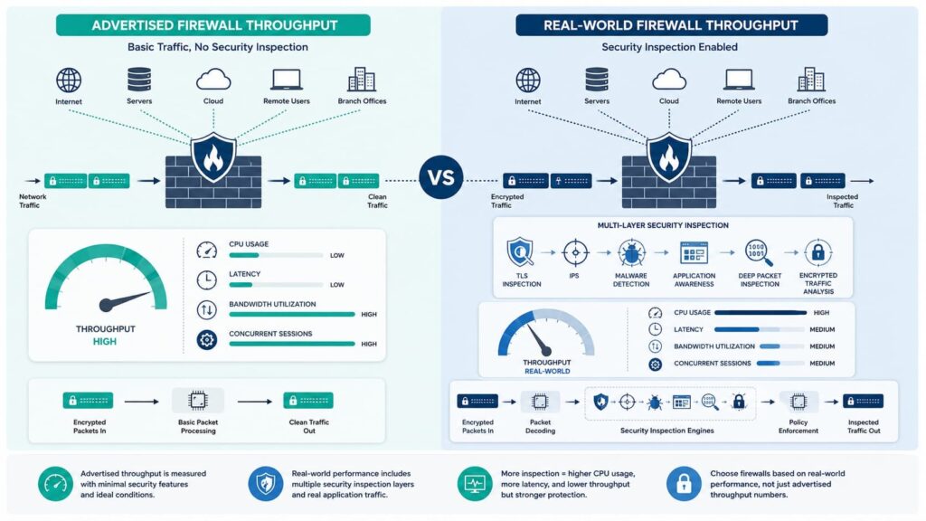Comparison chart for evaluating firewall performance throughput between advertised specs and real-world security inspection.