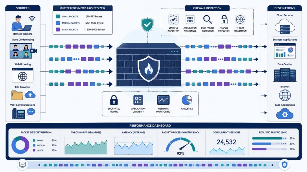 Diagram evaluating firewall performance throughput using IMIX traffic profiles, inspection layers, and a metrics dashboard.