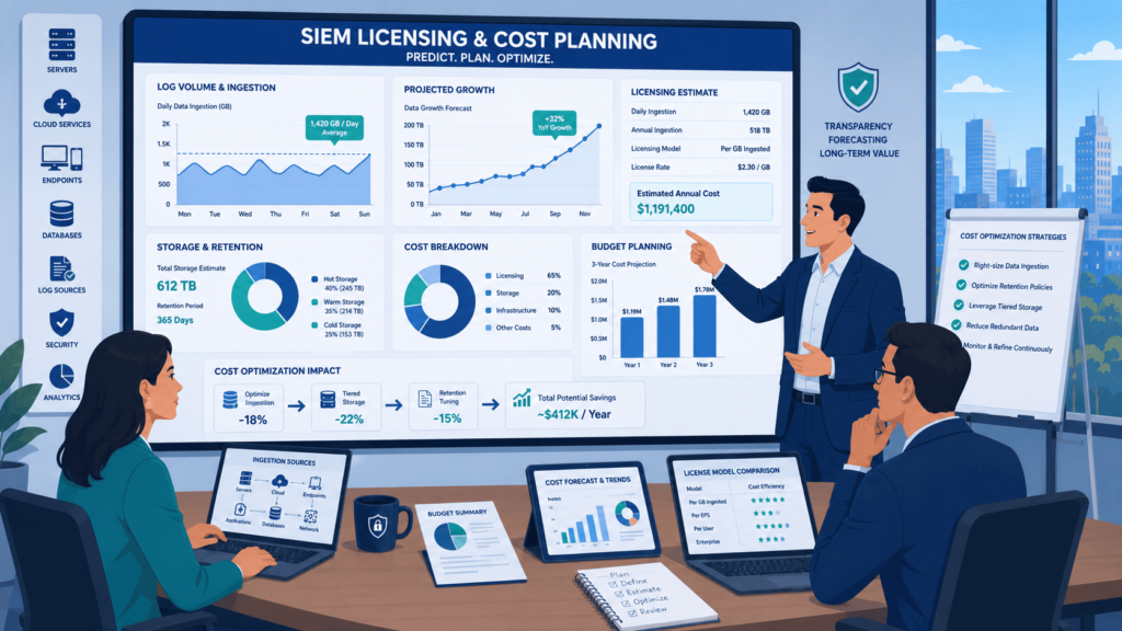 Presenter explaining SIEM licensing costs and budget forecasts to two colleagues