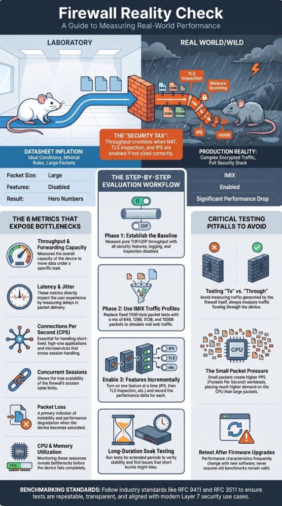 Infographic comparing lab vs. real-world conditions when evaluating firewall performance throughput and security overhead.