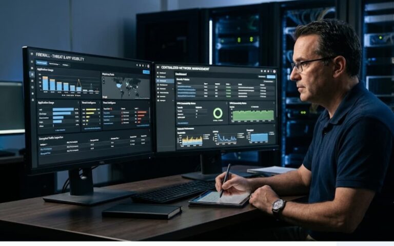 Analyst reviews network data comparing palo alto vs fortinet managed firewall performance