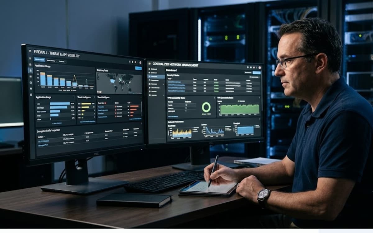 Analyst reviews network data comparing palo alto vs fortinet managed firewall performance