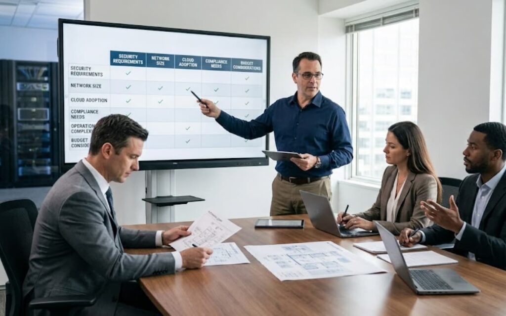 Executives compare palo alto vs fortinet managed firewall options during a strategy meeting