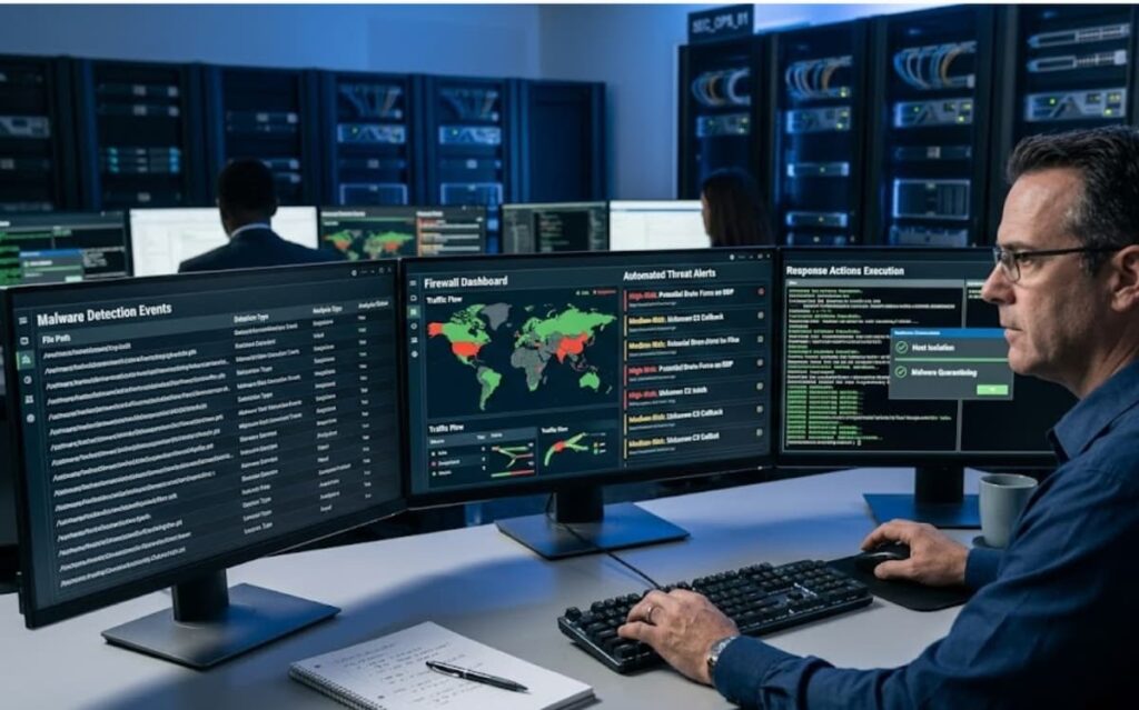 Security analyst monitors dashboards while evaluating palo alto vs fortinet managed firewall alerts