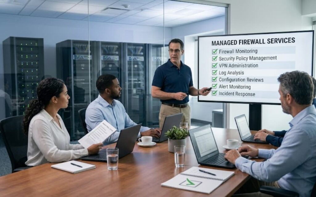 Consultant presents service checklist to clients choosing a cisco asa firewall management service