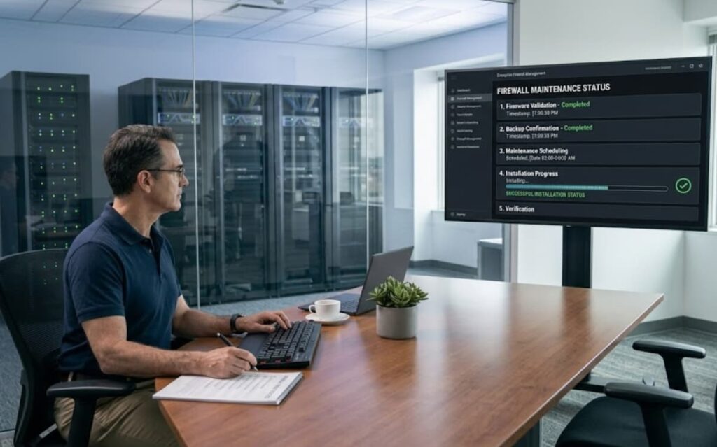 IT specialist reviews firmware updates as part of a cisco asa firewall management service