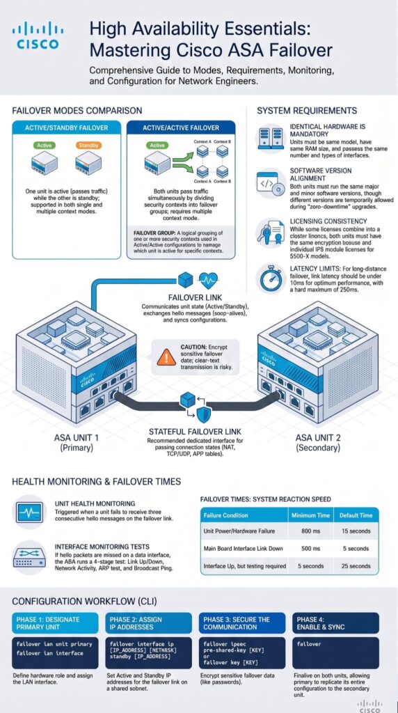 Infographic details Cisco ASA failover modes and setup for a reliable cisco asa firewall management service