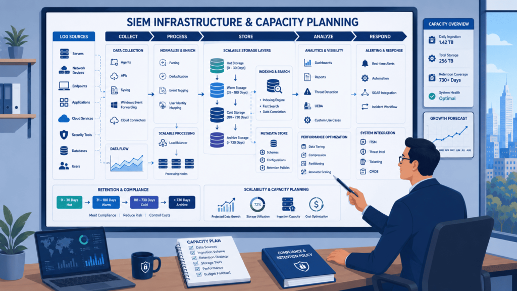 Diagram of SIEM infrastructure, data flow, and capacity planning being reviewed by an analyst
