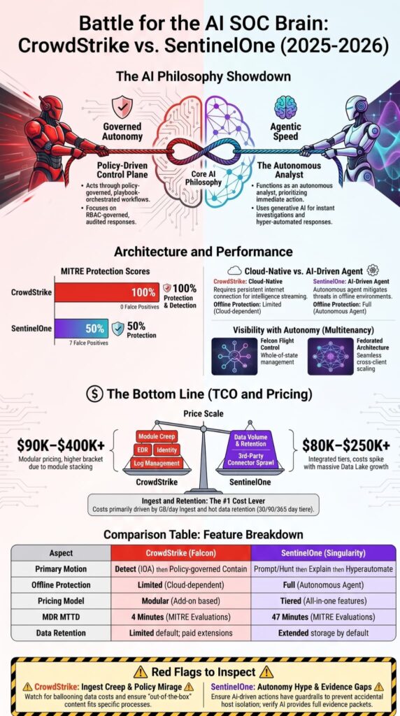 Infographic detailing a crowdstrike vs sentinelone comparison mssp on AI SOC philosophy and pricing 