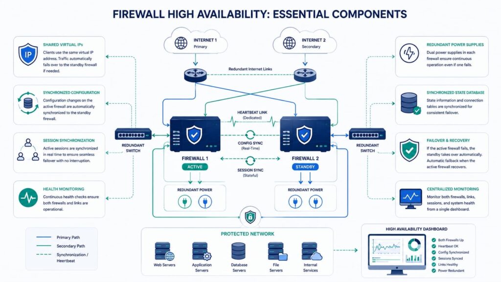 Diagram of essential components in a firewall high availability configuration, including sync links and redundant power