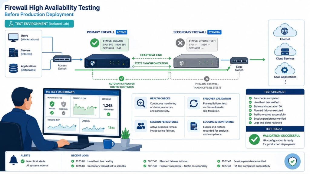 Test dashboard validating a firewall high availability configuration before production deployment with failover results