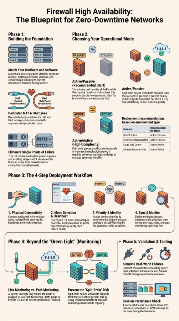 Blueprint infographic covering phases of firewall high availability configuration for zero-downtime networks