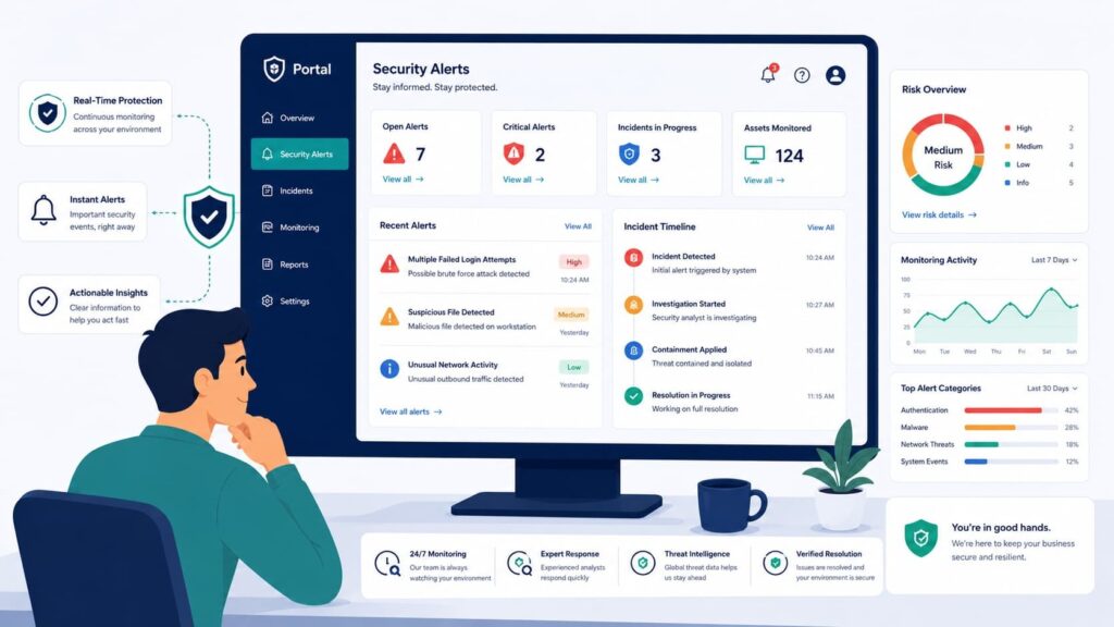 User reviewing security alerts and incident timeline on a Customer Portal Service Interface dashboard