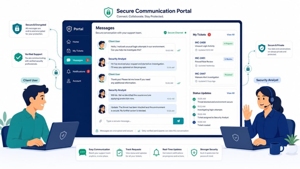 Client and analyst chatting via a secure Customer Portal Service Interface with encrypted messages and ticket tracking