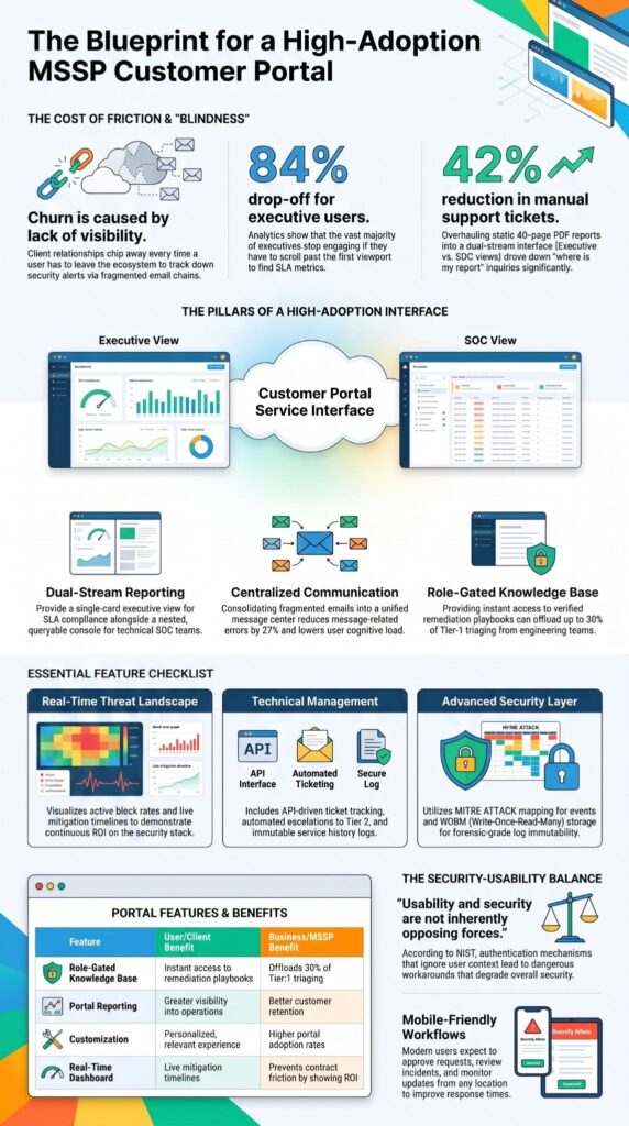 Infographic on designing a high-adoption MSSP Customer Portal Service Interface with dual executive and SOC views