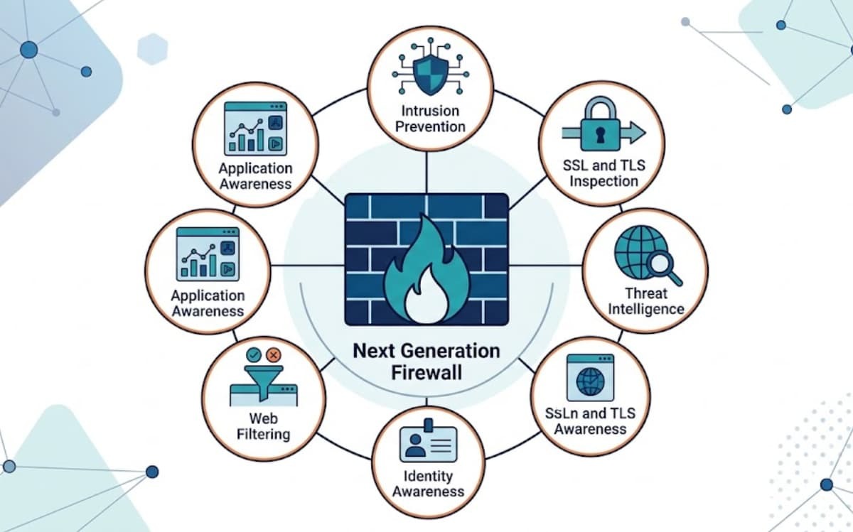 Next generation firewall feature comparison illustrated through a circular diagram of core security capabilities