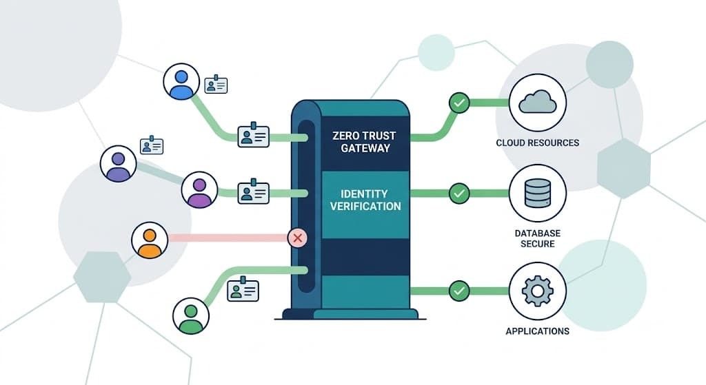 Zero trust gateway diagram highlighting identity verification within a next generation firewall feature comparison