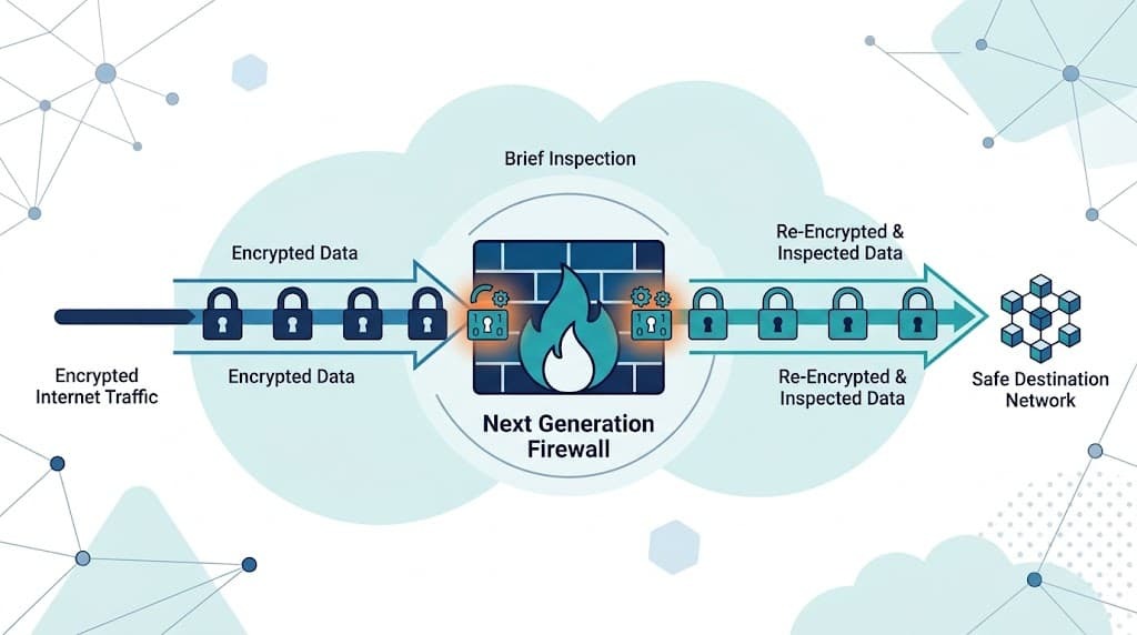 Diagram of encrypted traffic inspection, part of a next generation firewall feature comparison workflow