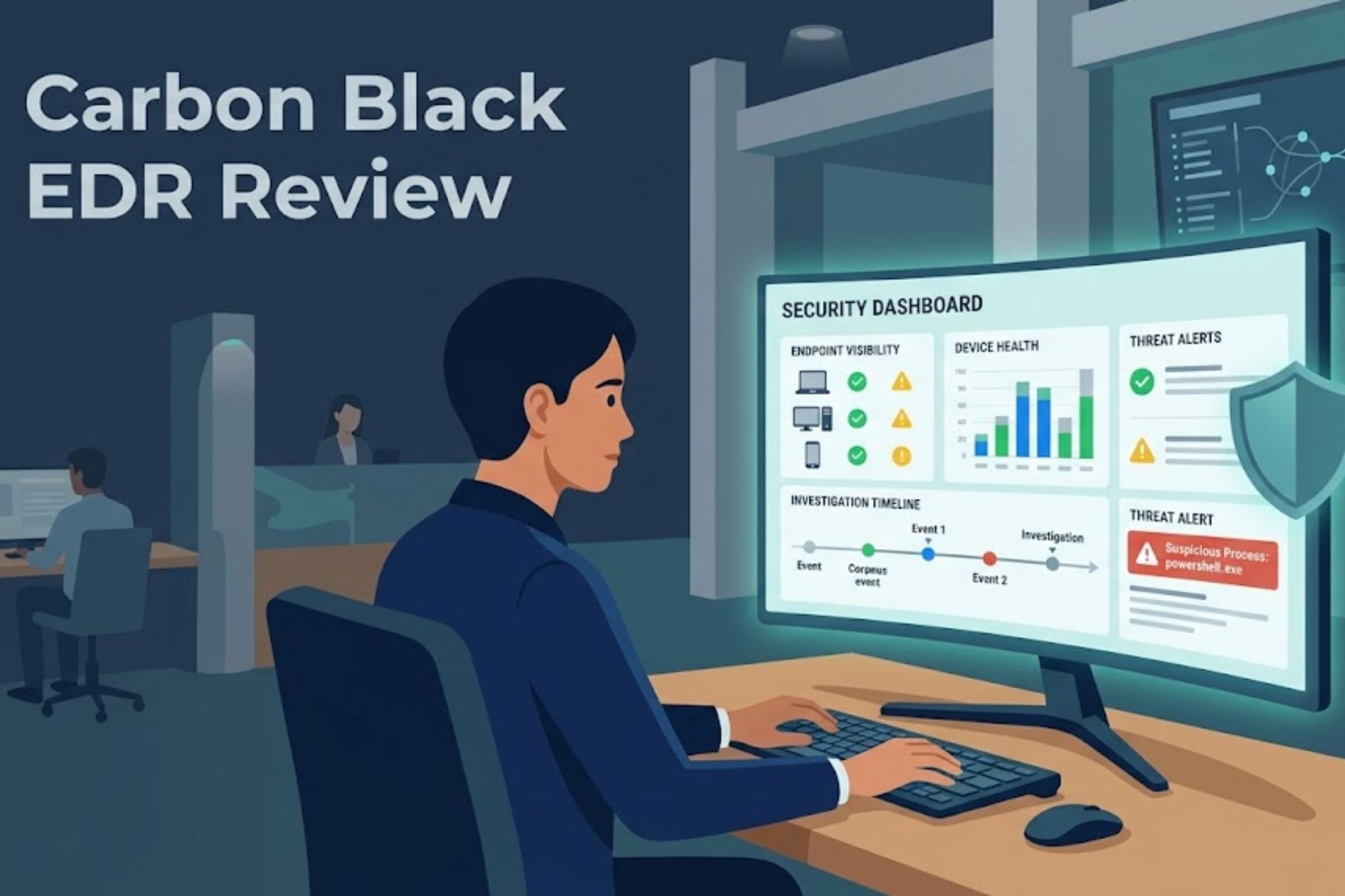 Analyst examining security dashboard, illustrating carbon black edr review features for endpoint monitoring
