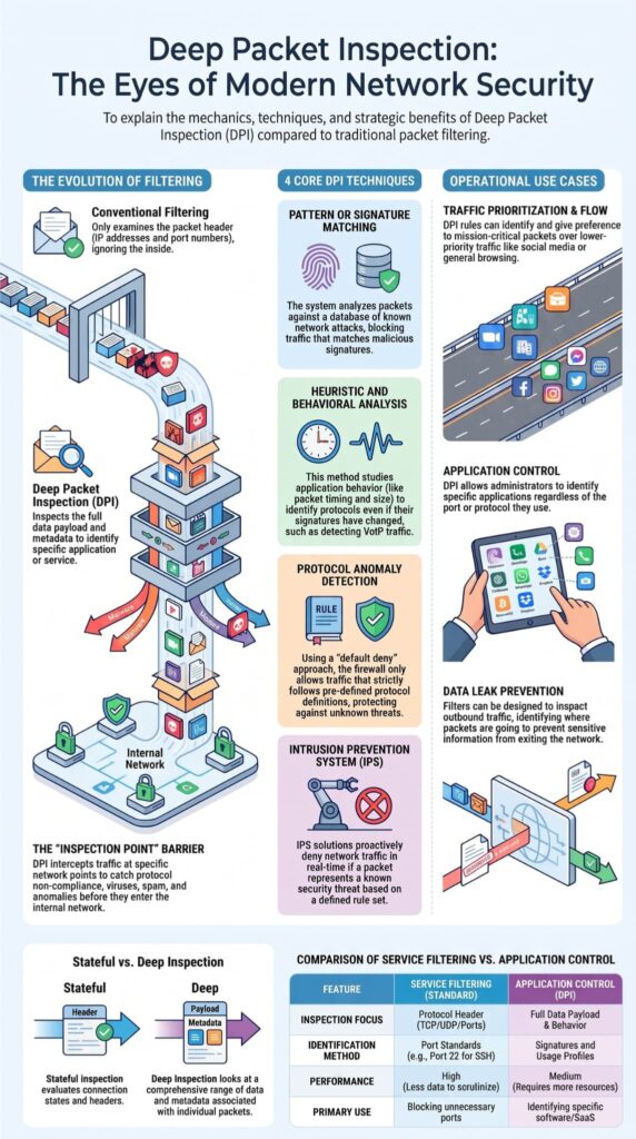 Infographic contrasting deep packet inspection techniques for a next generation firewall feature comparison