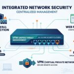 Integrated network security diagram highlighting UTM unified threat management devices with firewall and VPN features