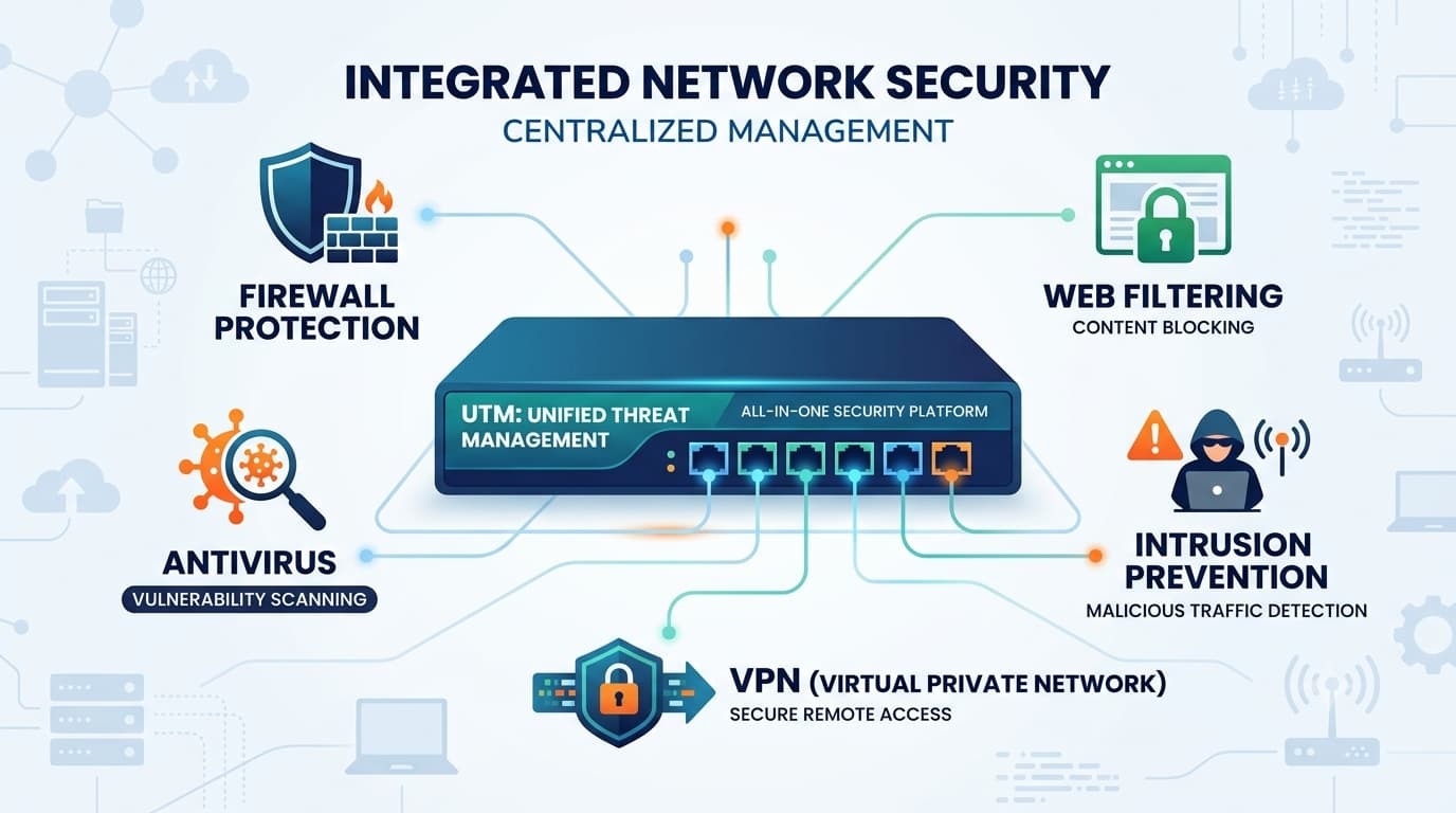 Integrated network security diagram highlighting UTM unified threat management devices with firewall and VPN features