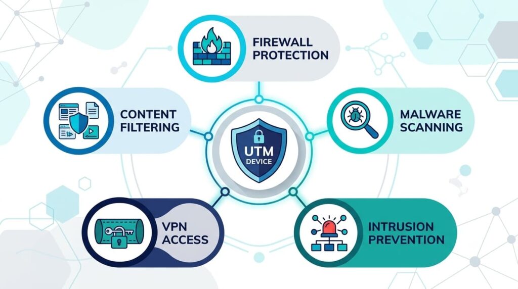 Core security functions of UTM unified threat management devices including firewall, VPN, and malware scanning