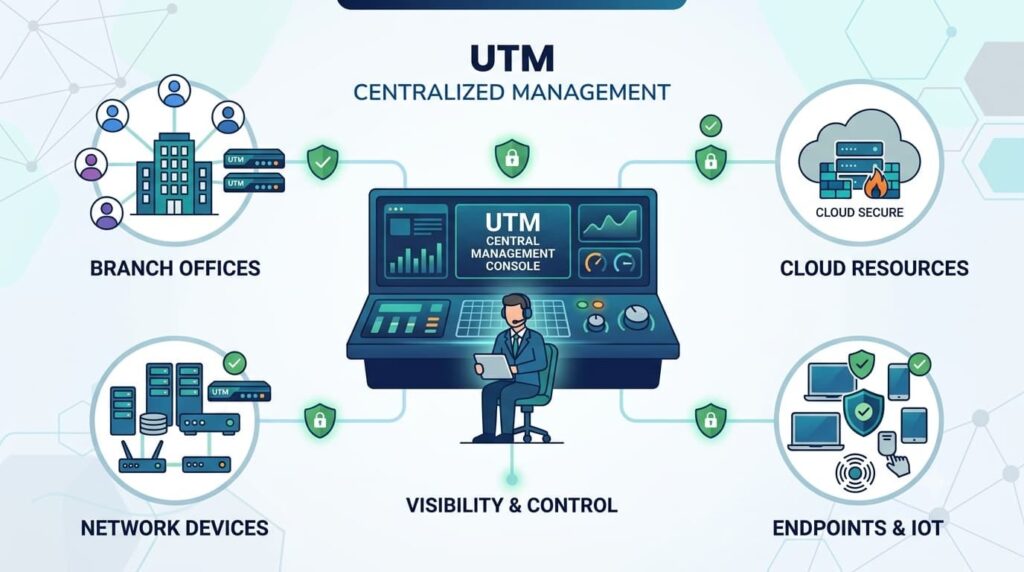 UTM unified threat management devices providing centralized visibility across branch offices and cloud resources