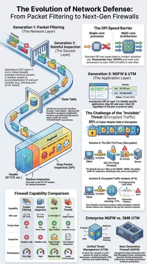 Evolution chart comparing packet filtering, stateful inspection, and UTM unified threat management devices with NGFW