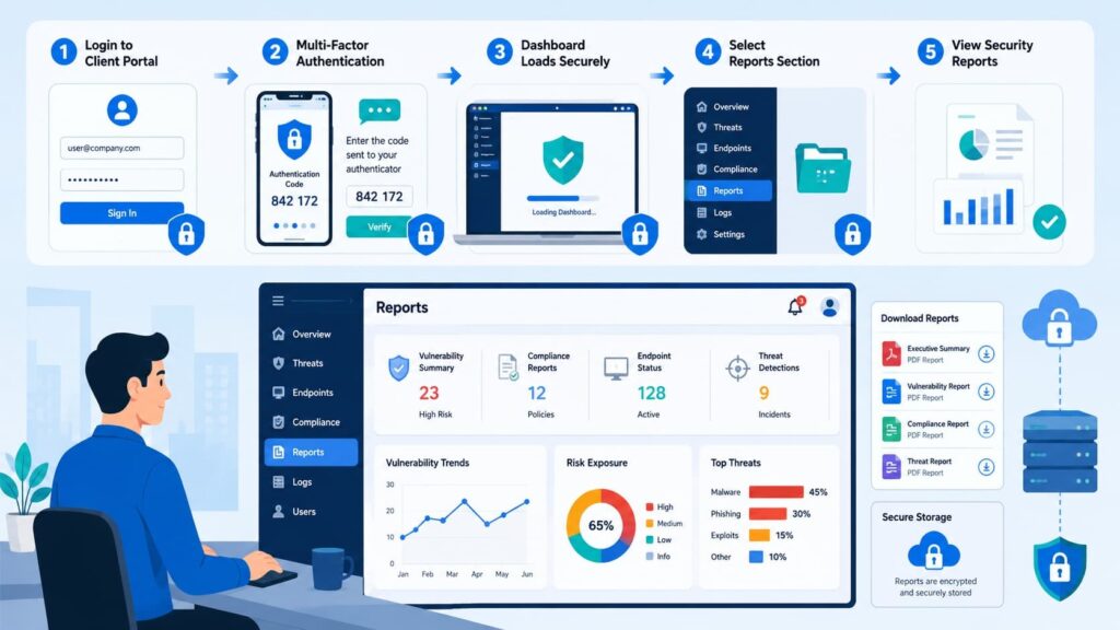 Step-by-step visual guide for accessing MSSP client portal reports, from login and MFA to viewing security dashboards.