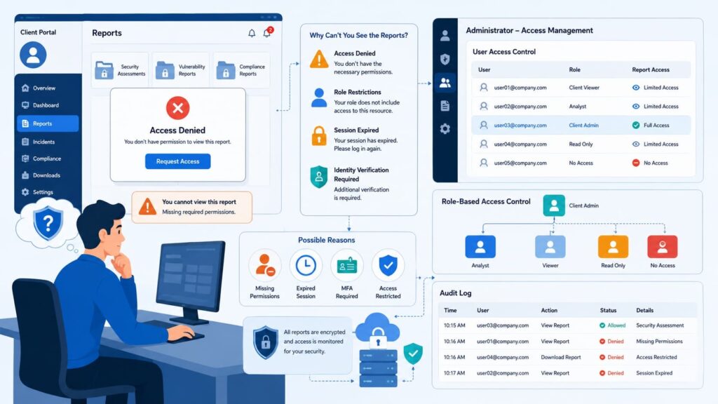 Diagram showing access denied issues when accessing MSSP client portal reports, with role-based controls and audit logs.