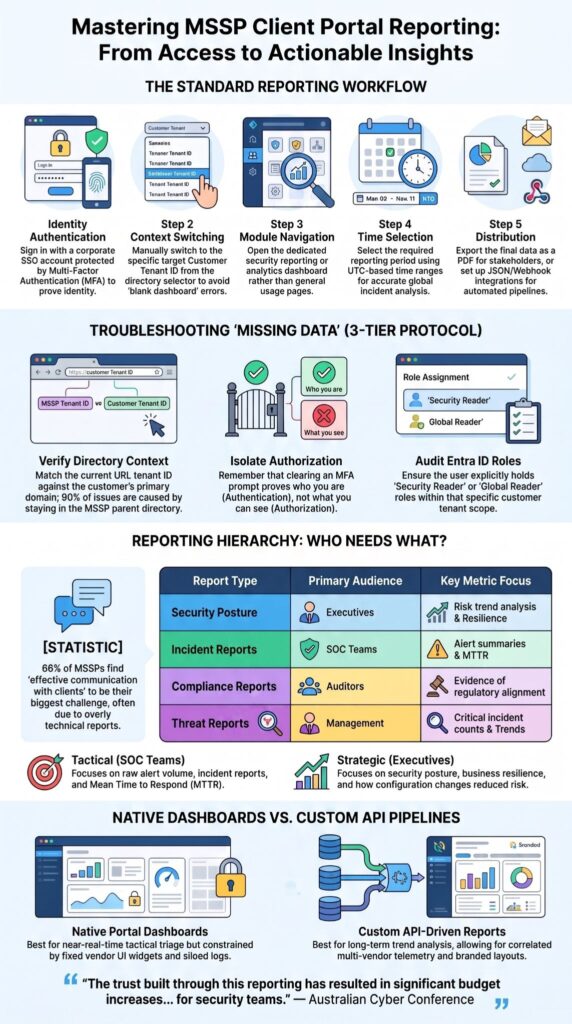 Infographic guide covering steps for accessing MSSP client portal reports, troubleshooting, and report hierarchy for stakeholders.