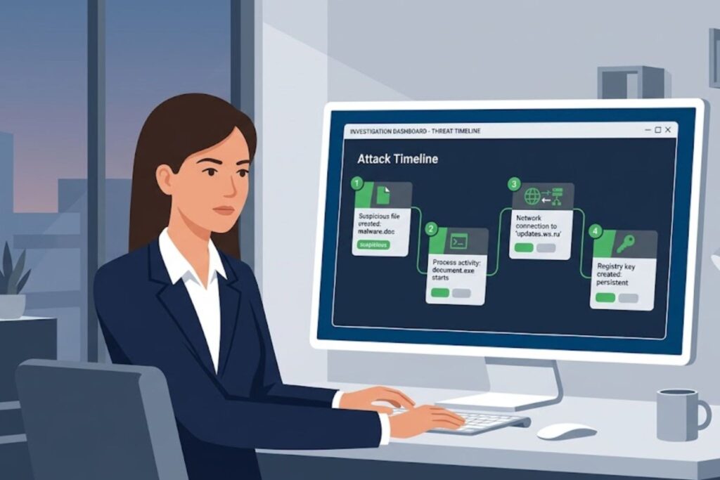 Security professional analyzing attack timeline, showcasing carbon black edr review features in action